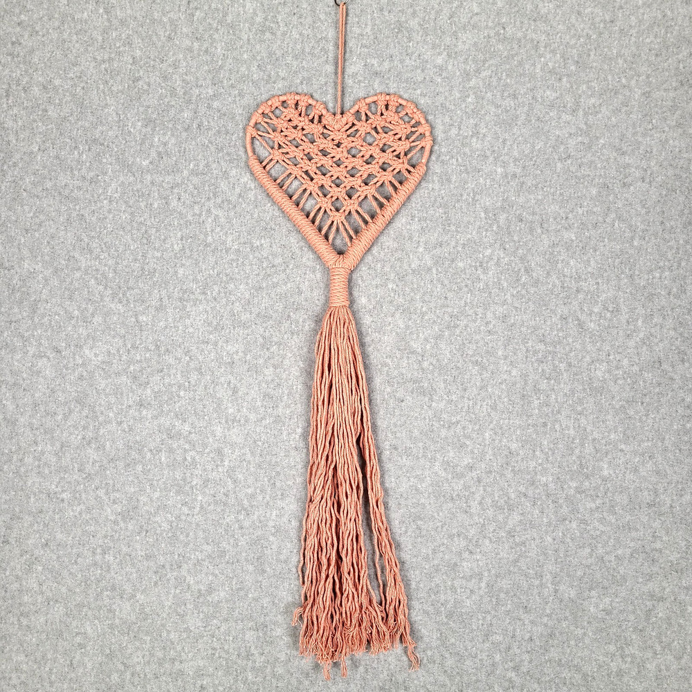 Gallery Wall Accents: 22" Pink Macrame Hanging Heart Decor Boho Coquette Kawaii